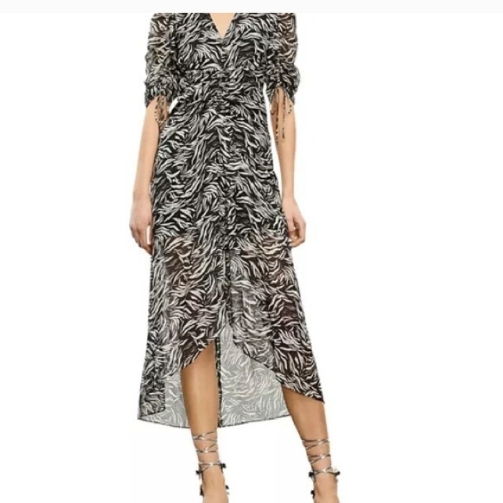 The Kooples Zebra Print Ruched Midi Dress Metallic Black White FROB22099KS21 0